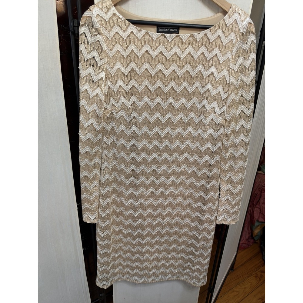 Jessica Howard Womens 14 Chevron Lace Dress Ivory Champagne Metallic Long Sleeve